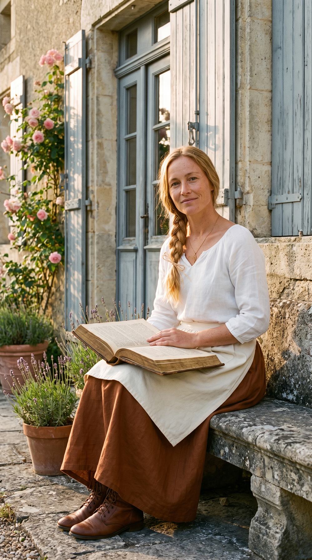 Adèle assise sur un banc de pierre, un grand livre ouvert sur les genoux